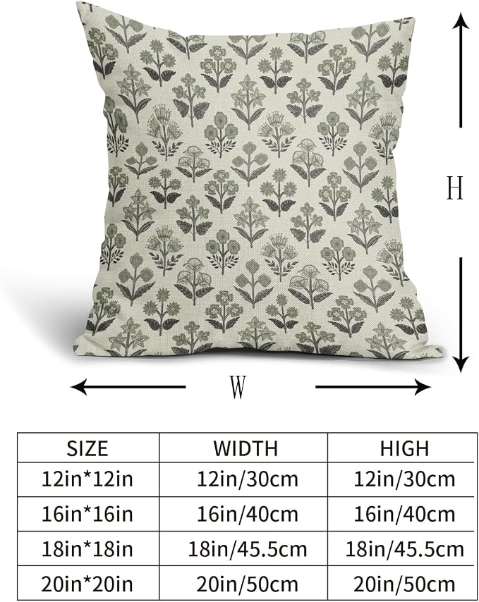 Black Sage Green Floral Block Print Pillow Covers 16x16 Inch Set of 2, Vintage Flower Pattern Spring Summer Decorative Throw Pillowcases Outdoor Farmhouse Cushion Covers Seasonal Sofa Couch Bed Decor