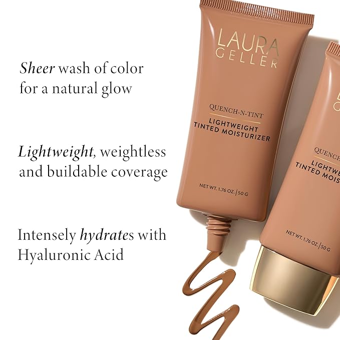 LAURA GELLER NEW YORK Quench-n-Tint Hydrating Foundation - Medium - Sheer to Light Buildable Coverage - Natural Glow Finish - Lightweight Formula with Hyaluronic Acid