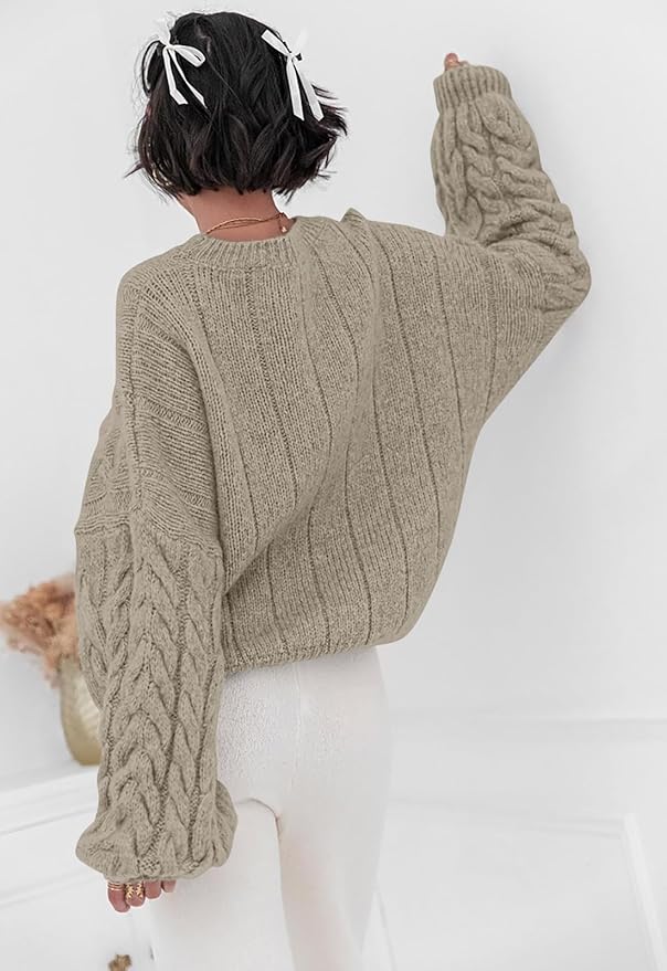 PRETTYGARDEN Womens Sweaters Spring 2026 Cable Knit Long Sleeve Crewneck Oversized Sweater Chunky Pullover Loose Outfits