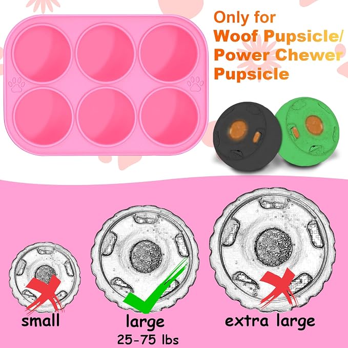BABORUI 6 Cavities Silicone Dog Treat Molds with Lid for Woof Pupsicle & WOOF Party Pupsicle Large 25-75lbs, Reusable Silicone Popsicle Molds for Making Mix Refills Pops Popsicle Treats (Pink L & Lid)