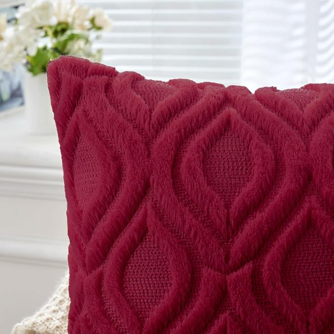 MIULEE Christmas Wine Red Plush Faux Wool Lumbar Throw Pillow Covers 12x20 | Set of 2, Farmhouse Boho Home Decor, Decorative Cushion Covers for Sofa, Living Room, Bed