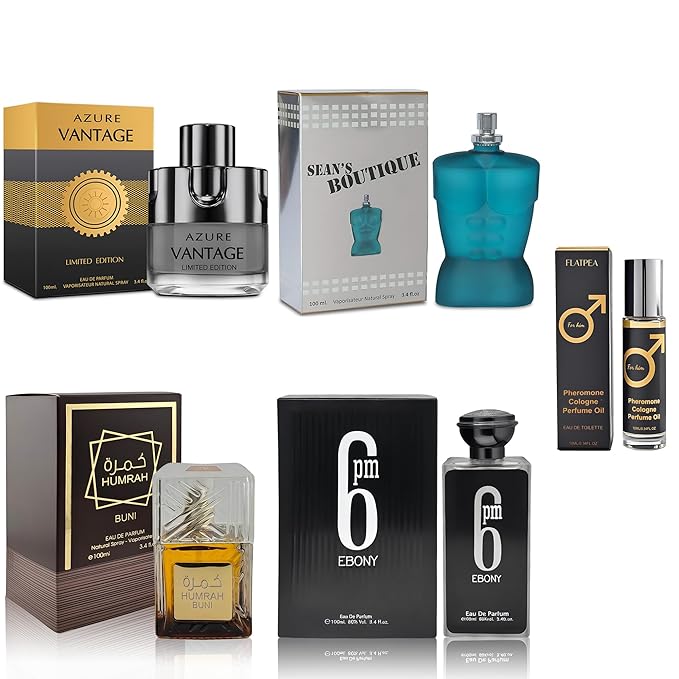 AFLUXE Men's Cologne Gift Set - Variety Pack of 4 Long Lasting Fragrances with 10ml Pheromone Cologne for Men Kit EDP/EDT (PHM-HumranBu/AzureLi/6PmEb/Sean Bou)
