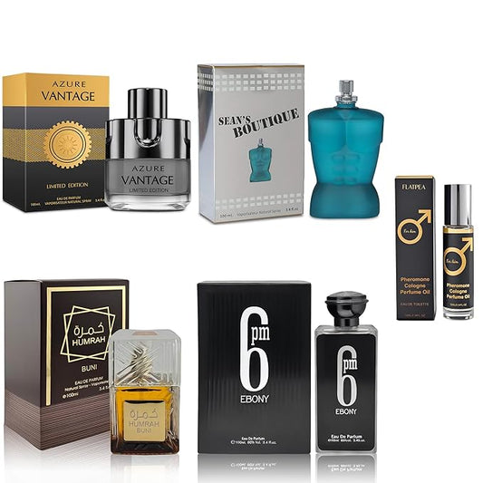 AFLUXE Men's Cologne Gift Set - Variety Pack of 4 Long Lasting Fragrances with 10ml Pheromone Cologne for Men Kit EDP/EDT (PHM-HumranBu/AzureLi/6PmEb/Sean Bou)