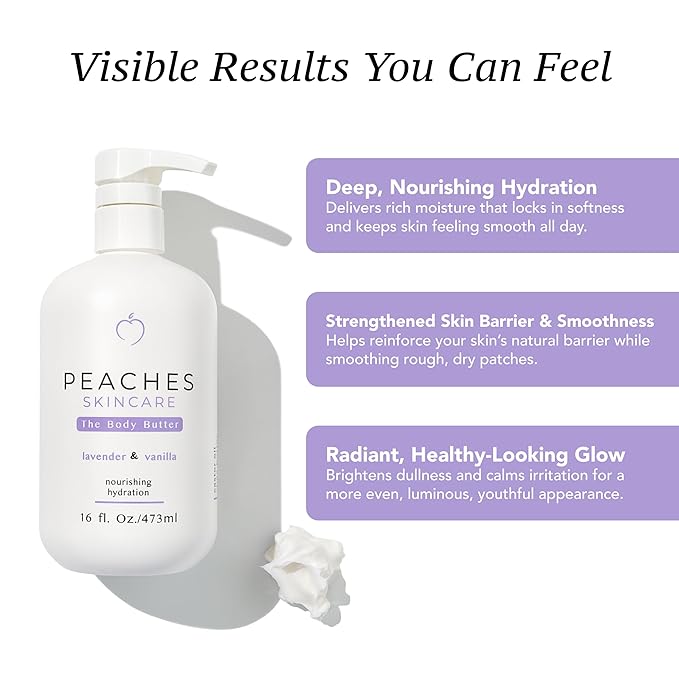 Peaches Skin Care Body Butter with Shea and Mango Butter – Rich Hydrating Formula for Soft, Smooth-Looking Skin – Daily Body Care for Men and Women, Lavender & Vanilla Scent, 16 oz
