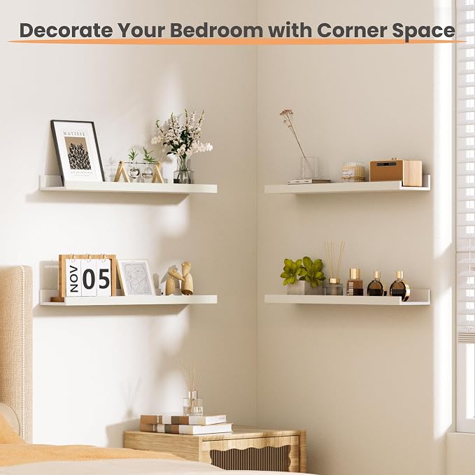 upsimples Floating Shelves for Wall Decor and Storage, White, 6Pcs 23.6'' | Wall Mounted Wood Shelves for Living Room, Bedroom, Bathroom, Kitchen, Office, Nursery Room, Coffee Bar Display and Organize