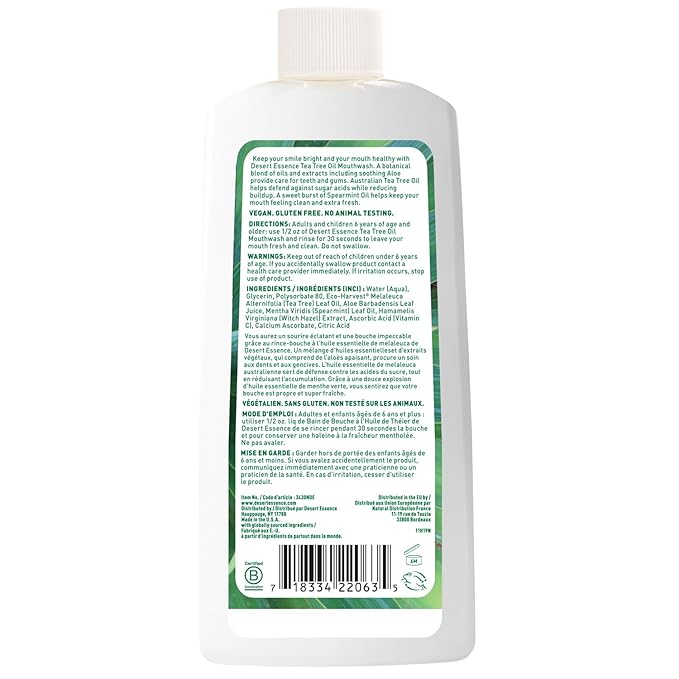 Desert Essence Alcohol-Free Mouthwash with Tea Tree Oil and Aloe, Sugar-Free, Oral Rinse to Provide Botanical Care for Teeth & Gums, Vegan, Non-GMO, SLS-Free, Gluten-Free, Spearmint Flavor, 8oz