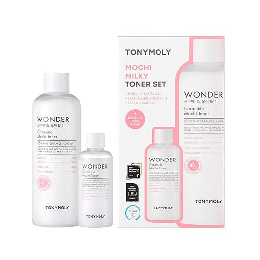 TONYMOLY Mochi Milky Toner Set – Hydrating Korean Toner with Ceramide, Cica, Panthenol & Hyaluronic Acid – Strengthens Skin Barrier, Soothes & Moisturizes – 500ml + 100ml Travel Size Duo