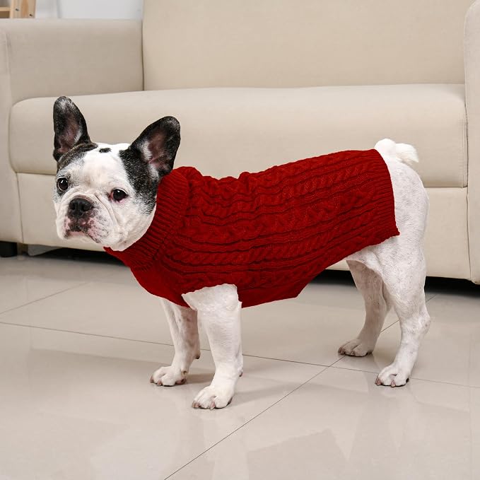 Dog Sweater 2 Pack for Medium Dogs, Size M, Pink & Red | Stretchy cable knit turtleneck, machine washable, high belly cut, comfy winter fit for French Bulldog, Pug