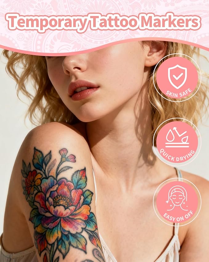 Oiomniv Temporary Tattoo Markers, 15PCS Body Markers Dual-End for Kids Adults, 62 Tattoo Stencils Temporary Tattoos Stickers, Glitter Matte Neon Tattoo Pens, Flexible Brush Tip, Skin Safe
