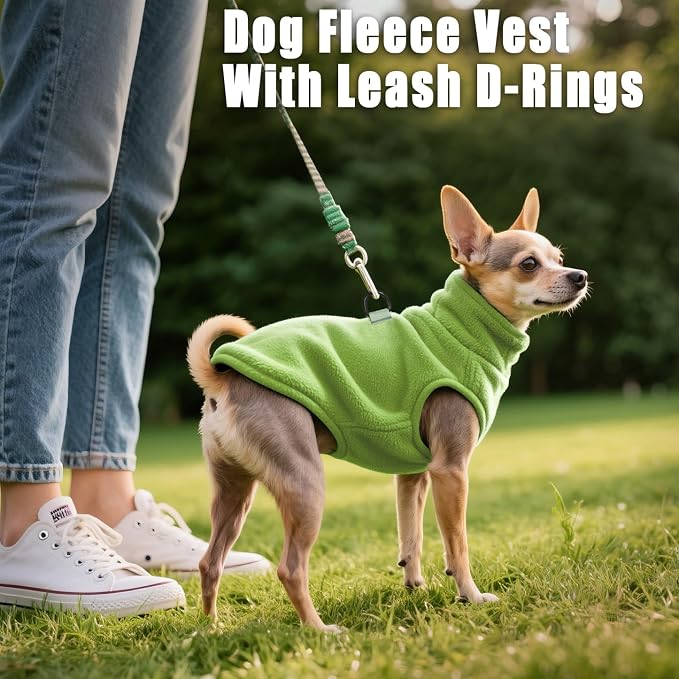 Idepet Dog Fleece Vest Sweater Zip Up Warm Pullover Dogs Jacket with D-Ring Leash Winter Cold Weater Coat Pet Sweatershirt Clothes Hoodie for Small Medium Dogs Boy Girl(Green,M)