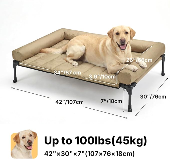 Veehoo Outdoor Elevated Dog Bed with Waterproof Bolster Cushion, Cooling | Raised Dog Bed with Removable & Washable Mat Topper, Breathable Mesh, Dog Couch Cot for Indoor Outdoor, 42", Large, Beige