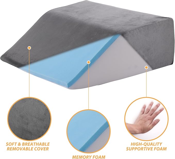 Bedluxe Leg Elevation Pillows, Leg Pillows for Sleeping, Cooling Gel Memory Foam Top, Wedge Pillow for Legs, Leg Wedges for Circulation, Swelling, After Surgery - Removable Cover (6 Inch, Dark Grey)
