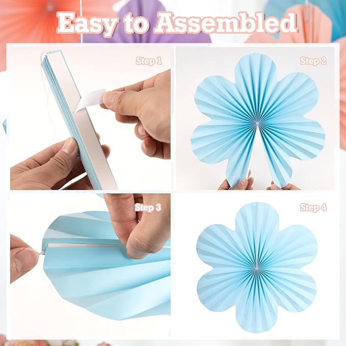 SUNBEAUTY Pastel Paper Flowers Decorations for Wall, Hanging Paper Fans Paper Floral Backdrop Decor Paper Fans Decoration Mothers Day Birthday Wedding Baby Shower, Set of 9