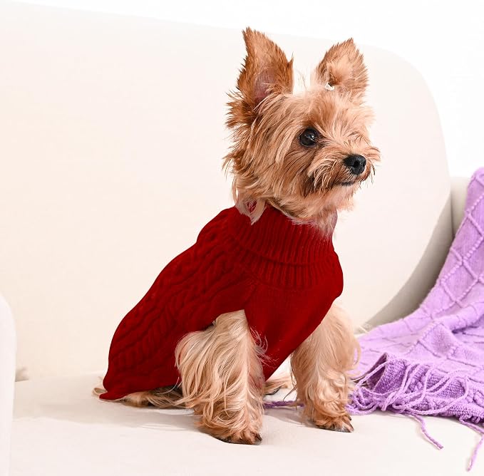 Dog Sweater 2 Pack for Small Dogs, Size S, Red & Brown | Stretchy cable knit turtleneck, machine washable, high belly cut, comfy winter fit for Chihuahua, Maltese