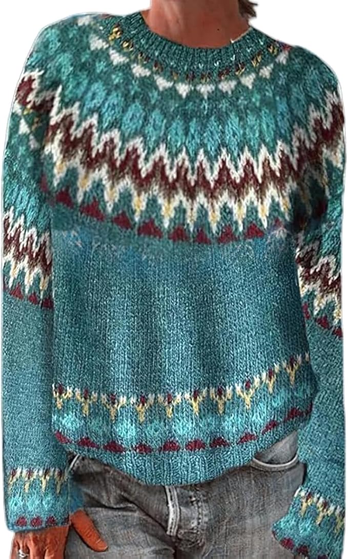 Zhyaj Fair Isle Sweater for Womens Winter Long Sleeve Vintage Knitted Sweater Casual Fall Crew Neck Pullover Sweaters