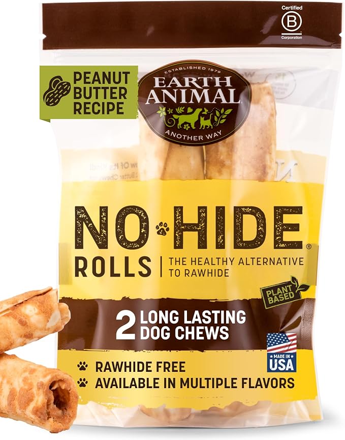 Earth Animal No Hide Dog Chews - Rawhide Free Medium 2 Count Peanut Butter | Medium Peanut Butter Flavored Natural Rawhide Free Long Lasting Dog Chews - Treats for Medium Dogs and Aggressive Chewers