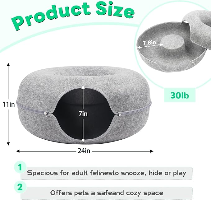 Cat Caves for Indoor Cats, Large Cat Tunnel for Multiple & Large Cats, Scratch Detachable Cave Bed, Kitten Donut Kitty Hideaway Up to 45 Lbs (Light Grey, Large, 2 Pack)