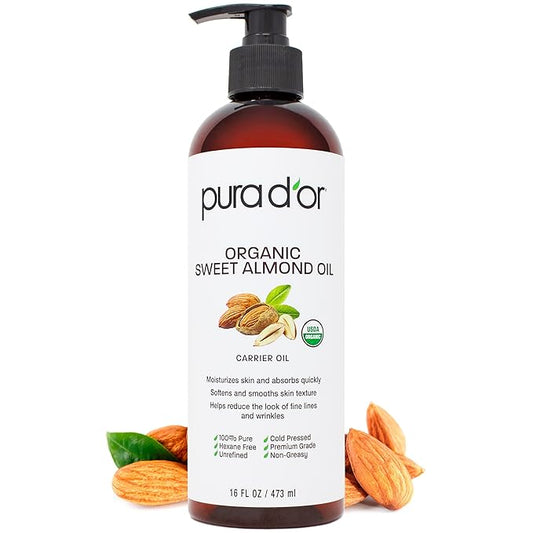 PURA D'OR 16 Oz ORGANIC Sweet Almond Oil - 100% Pure & Natural USDA Certified Cold Pressed Carrier Oil For DIY Beauty - Non-Greasy, Unscented, Hexane Free Moisturizer - Massage Oil For Hair & Skin | ORGANIC, 100% Pure, Natural, USDA Certified, Cold Pre...