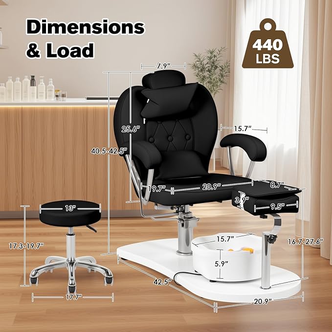Pedicure Chair No Plumbing with Stool & Foot Bath, 360°Swivel Hydraulic Reclining Pedicure Station with Footrest & Ergonomic Headrest for Nail Tech, Spa, Salon (Black)