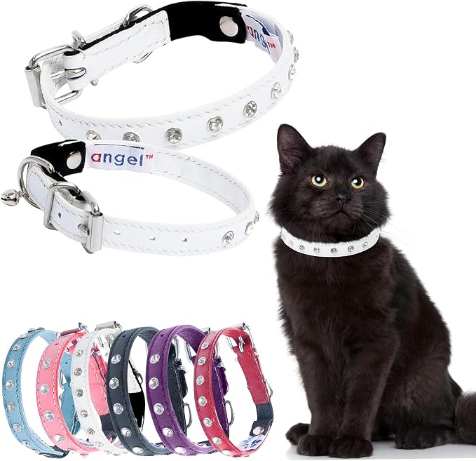 Athens Cat Collar, Leather Kitten Collar w/Rhinestones, Sturdy Breakaway Cat Collar with Bell & Elastic Stretch, Cat Accessories, Ivory White, 10 x ½ inches - Angel Pet Supplies