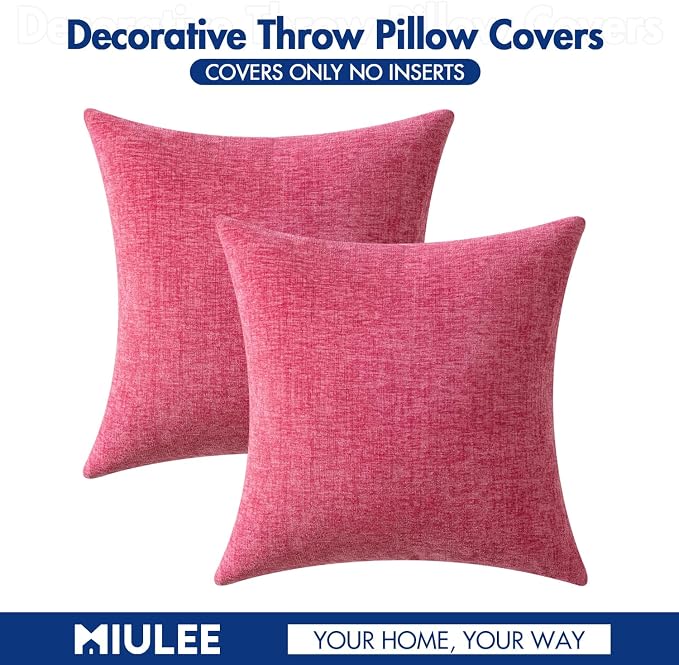 MIULEE Soft Chenille Throw Pillow Covers Hot Pink 16x16 Inch Pack of 2 | Modern Home Decor, Classic Decorative Pillows, Solid Dyed Cases, Boho Couch Cushion Covers for Sofa Bed Living Room