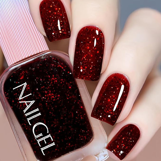 Red Glitter Nail Polish, 12ML Sparkly Burgundy Wine Red with Fine Glitter, Quick Dry Air Dry, Shiny Finish for Women Girls, No UV Needed