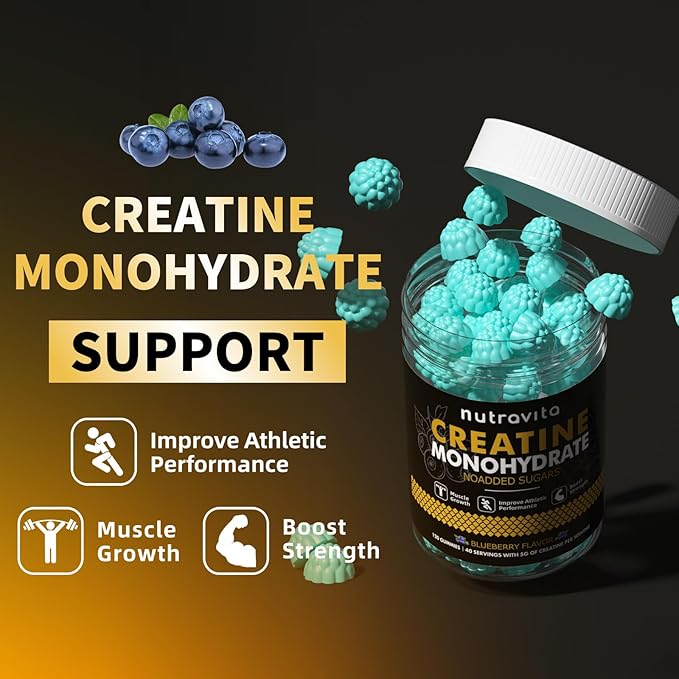 Nutravita Creatine Monohydrate Gummies for Men & Women-5g of Creatine Monohydrate per Serving - Sugar Free,Vegan, Blueberry Flavor, 120 Count