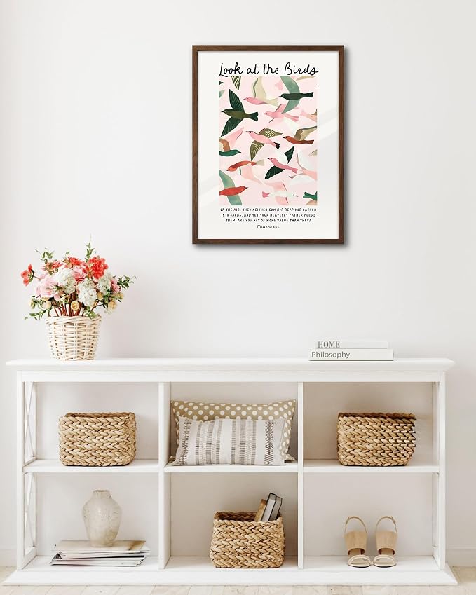 EcoHest 12x16 in Matthew 6:26 Look at the Birds Framed Christian Wall Art | Walnut Color Solid Oak Frame with Canvas Wall Art, Scripture Bible Verse Decor for Bedroom, Living Room, Office, Church,1Pack