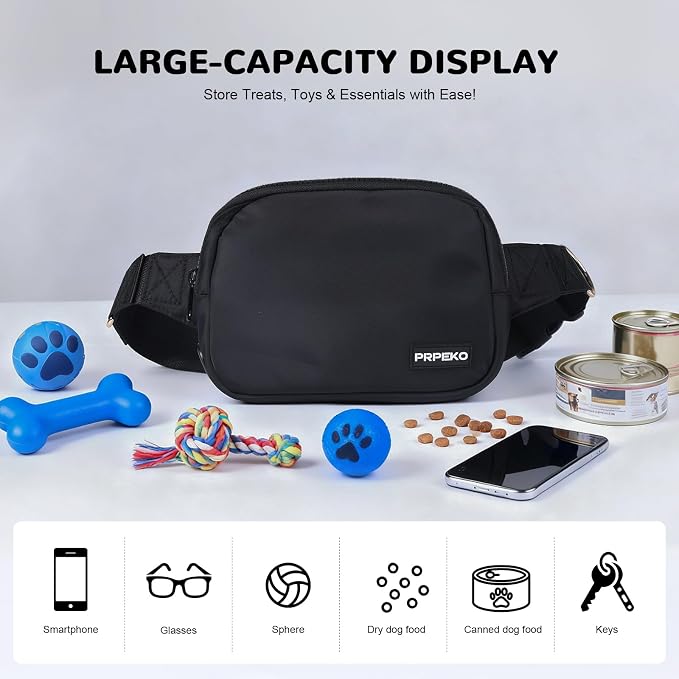 Prpeko Dog Treat Pouch Fanny Pack,Treat Pouches for Pet Training with Removable Snack Pouch,Pet Waist Belt with Poop Bag Dispenser,Dog Walking Training Bag (Black)