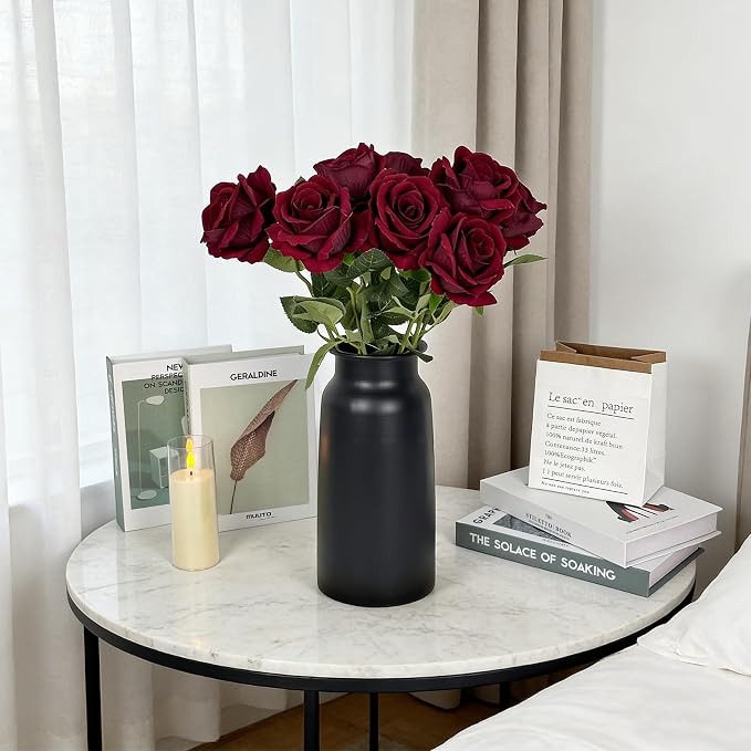 Black Seamless Wide Mouth Metal Flower Vase, 10.8" Modern Unique Home Decor Centerpiece Elegant Rose Cylinder Decorative Vases for Living Room Entry Table Office Desk Bathroom Shelf, Wedding Gift