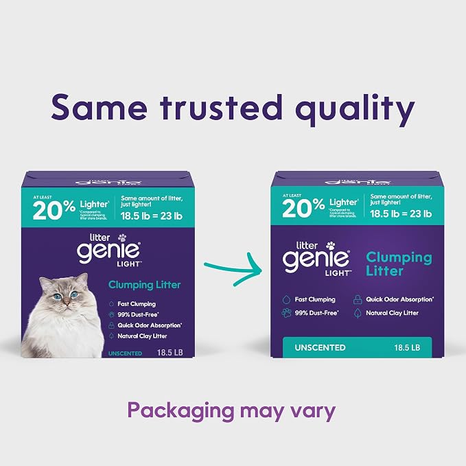 Litter Genie Light Unscented Clumping Cat Litter, 18.5 lbs | Lightweight 20% Lighter Natural Clay | Fast-Clumping, Odor Control, Dust-Free (Pack of 2)