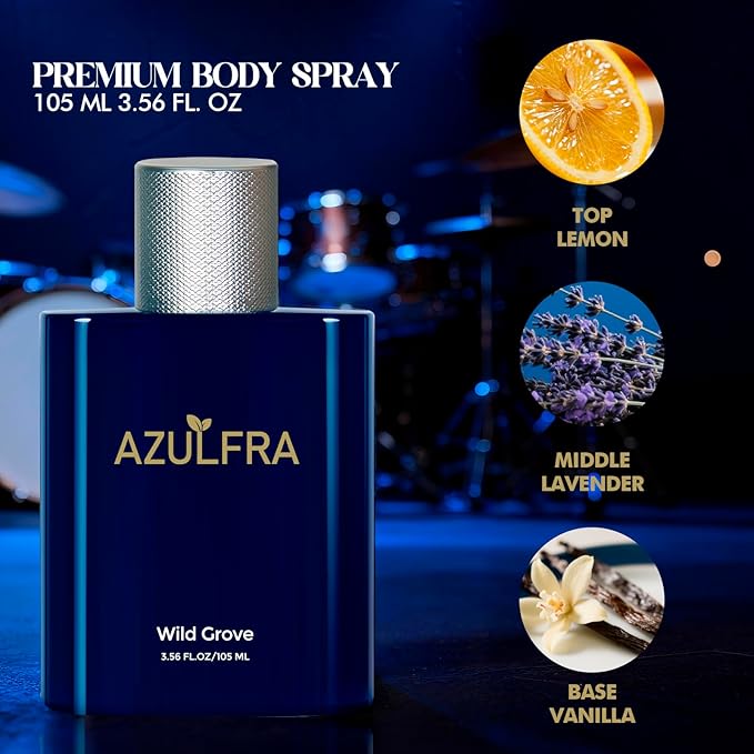 Azulfra Deodorizing Body Spray for Men 3.56 Fl.Oz, Notes of Lemon Lavender and Vanilla, Long lasting Men's Fragrance Mist