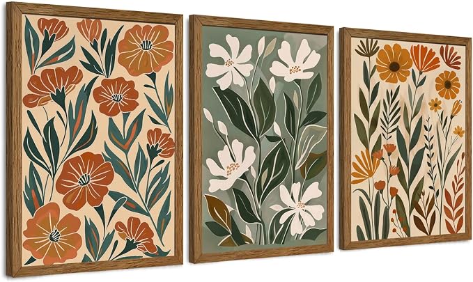 Urmoya 3 Pieces Boho Floral Decor Flower Market Wall Art, 12x16 Inch | Wood framed, Chic green and beige botanical trio, Ready to hang, for living room, Office, or guest bedroom home decor