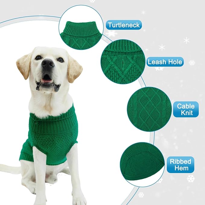 Mihachi Turtleneck Dog Sweater - Winter Coat Apparel Classic Cable Knit Clothes with Leash Hole for Cold Weather, Ideal Gift for Pet in New Year Green Medium