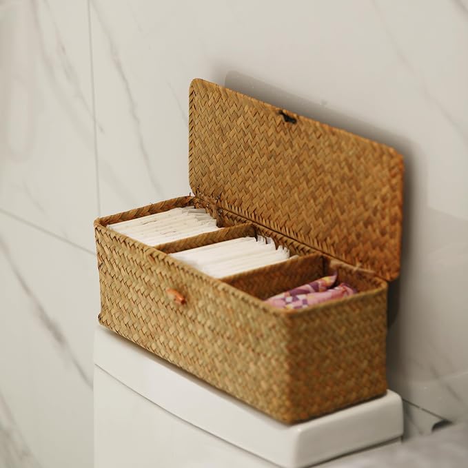 Seagrass Storage Basket with Lid Rectangular Small Woven Shelf Baskets with Sections for Organize Snack Toys Tampon