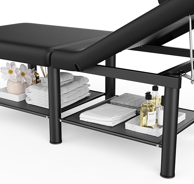 Folding Stationary Massage Table with Backrest and Storage Space for Treatment Table Physical Therapy Table Spa Facial Bed, 6 Round Legs Metal Frame PU Leather, 30.5'' Wide × 75'' Long - Black