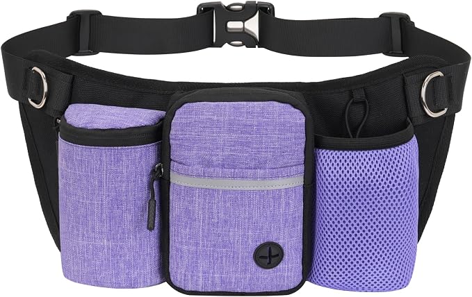 Hands Free Dog Walking Waist Pack with Treat Pouch & Multi-Pockets Oxford Water-Resistant Belt for Hiking Jogging Running (Purple Leash not Included)