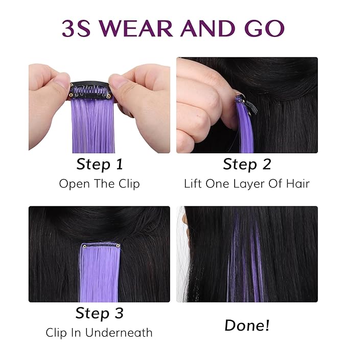 IDN BEAUTY Colored Clip in Hair Extension, 12PCS Light Purple Deep Purple 24Inch Multicolored Synthetic Hair Pieces for Women, Hair Accessories for Party Cosplay Travel Birthday Halloween