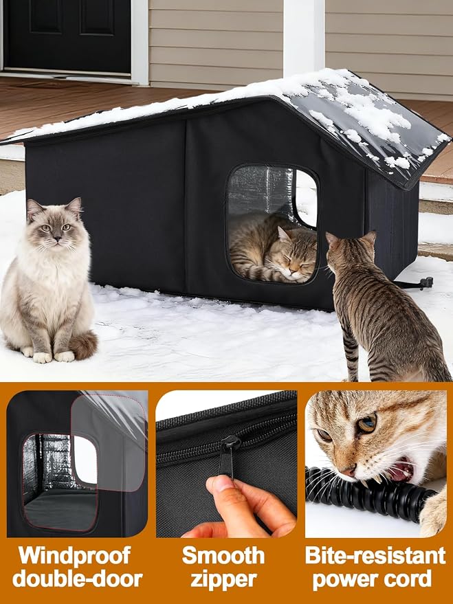 Weatherproof Heated Cat Houses for Outdoor Cats - Insulated Cat Shelter for Winter with Thermostatic Heating Pad and Escape Door, Warm Outside Pet House Gift for 2-3 Feral Cats (Black)