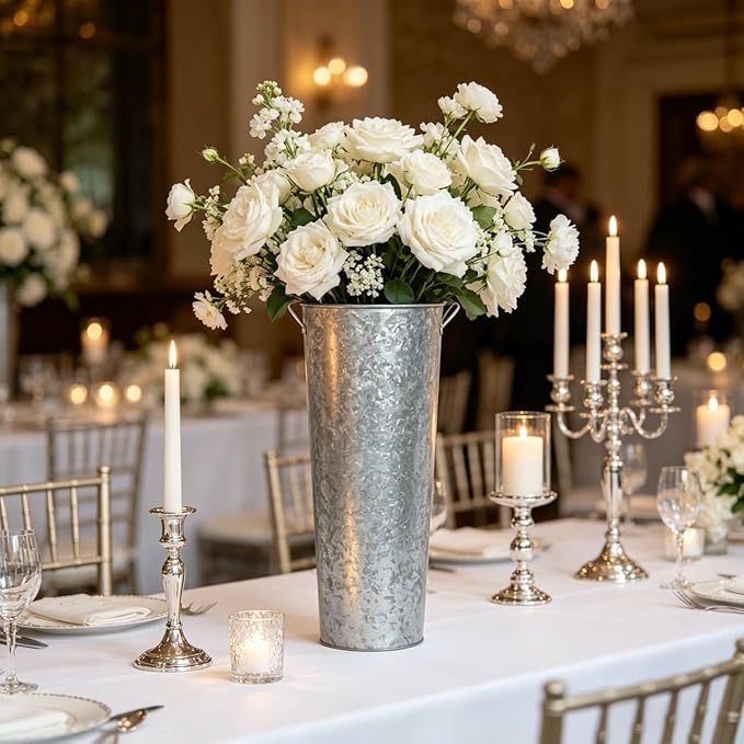 Hosley Galvanized French Bucket Vase with Handles 6" Dia x 15" H- Perfect for Weddings, Parties, Country Picnics, Floral Arrangements, Tableware Storage, or Candle Gardens - Rustic Farmhouse Décor
