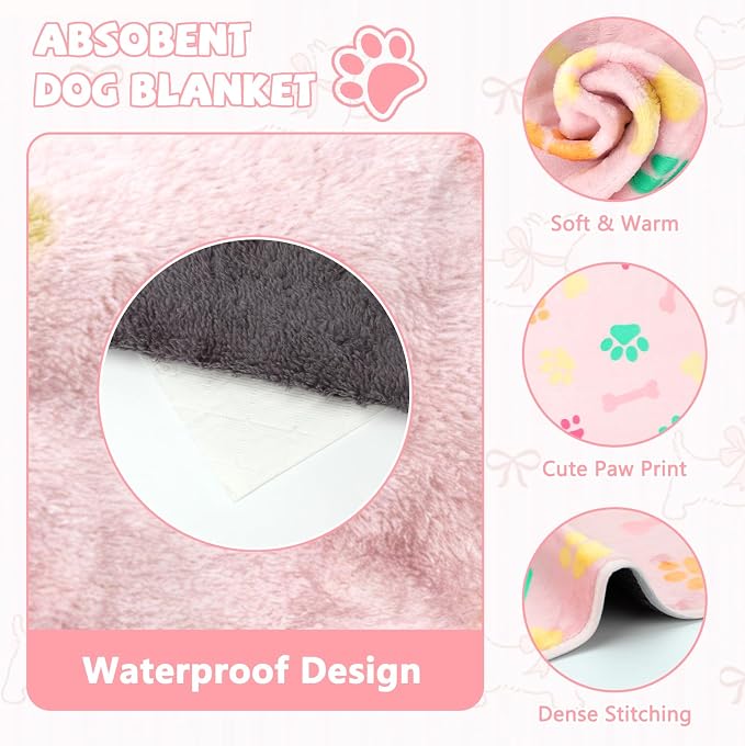 YUEPET 2 Pack Waterproof Dog Blankets, Washable Puppy Blankets 30 x 20 in | Pink/Brown Paw Print Set, Reversible Fleece Throw, Heat-Reflective Mylar, Bed/Sofa/Car Protection, Small/Medium Dogs and Cats