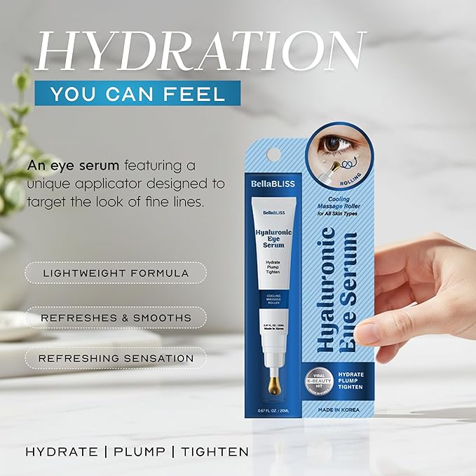 Bella Bliss Hyaluronic Acid Under Eye Serum – Hydrating & Depuffing Eye Roller For Dark Circles & Fine Lines – Dermatologist Tested, Anti-Aging Korean Skin Care, Vegan, Clean Beauty – .67 Fl Oz