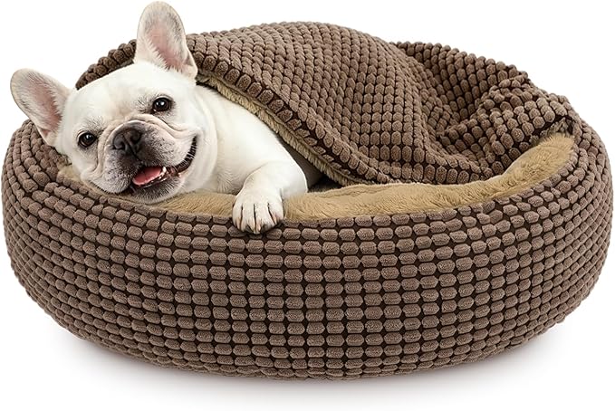 Dog Bed with Attached Blanket for Small Dogs or Cats, Soft Plush Cozy Donut Cuddler Hooded Pet Beds Washable. Round Puppy Bed Orthopedic, Calming Cat Cave Bed. Anti-Slip Bottom 26inch