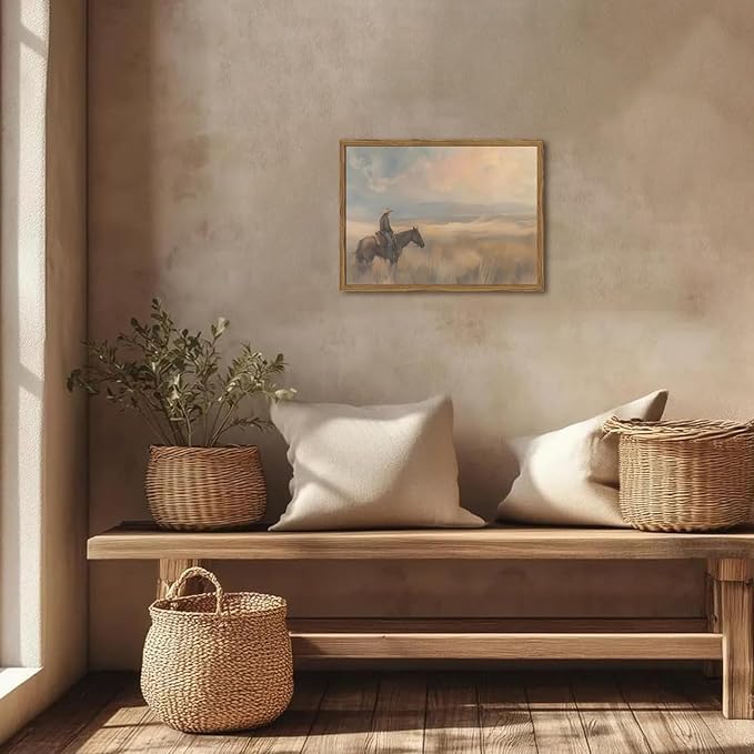 Vintage Western Cowboy Wall Art Cowboy on Horse Wall Decor Paintings, Southwestern Landscape Poster Canvas Prints for Bedroom Farmhouse Living Room 16x24 inch Wood Framed