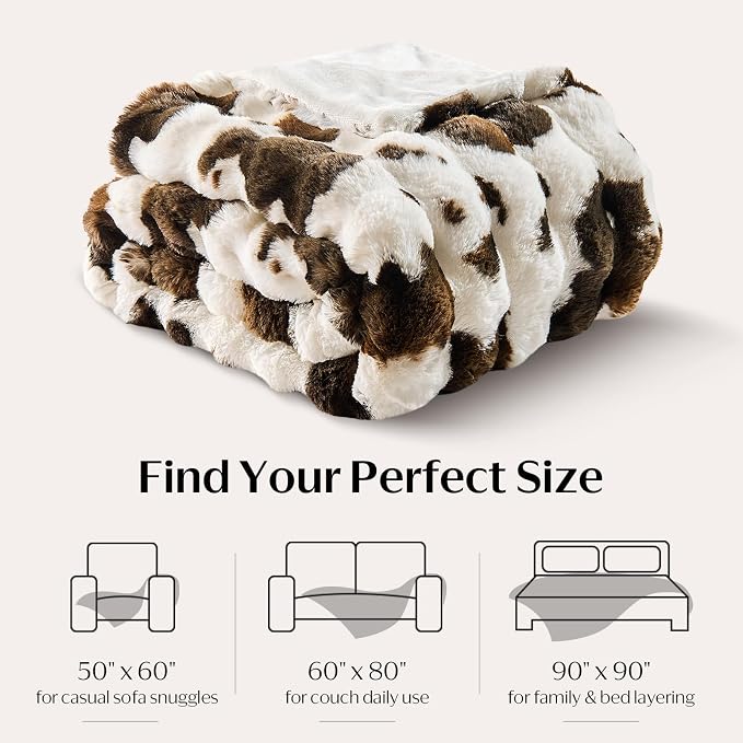 DOWNCOOL Faux Rabbit Fur Throw Blanket, Soft Fluffy Fuzzy Plush Bubble Blanket for Couch Sofa & Bed, Cozy Warm Luxury Fleece Minky Blanket, 60x80 Inches Cow Print-Brown