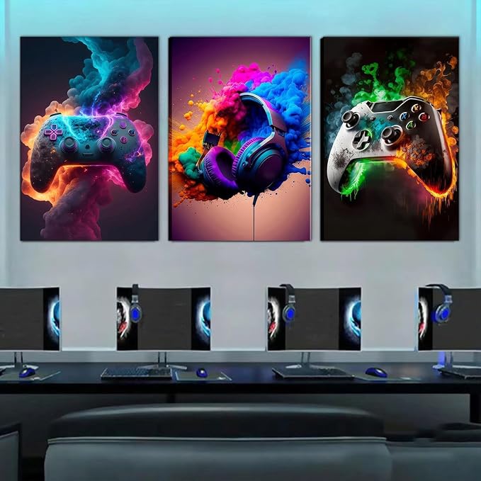 BGFCE Gaming Room Decor Canvas Wall Art Set of 3 - Cool Video Gaming Theme Wall Decor, Gamer Paintings Picture Print for Teen Boys Room 12x16 inch Framed