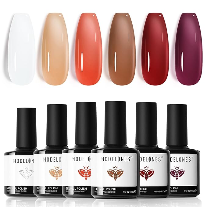modelones Gel Nail Polish Set, 6 Colors White Nude Brown Orange Jelly Gel Polish Tortoise Burgundy Wine Red Neutral Translucent Nail Art Gel Soak Off LED Lamp Manicure Salon DIY Girl Women Gift
