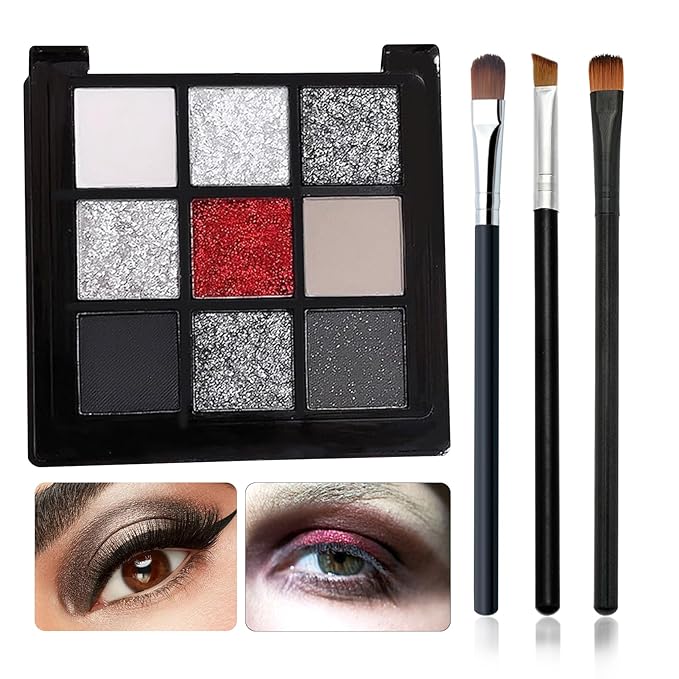 Black Grey Smoky Eyeshadow Palette,15 Colors Matte Shimmer Pigmented Eye Shadow Makeup Palette Set with 3 Eyeshadow Brushes,Glitter Eye Shadow Palette for Daily Halloween Goth Makeup(C)