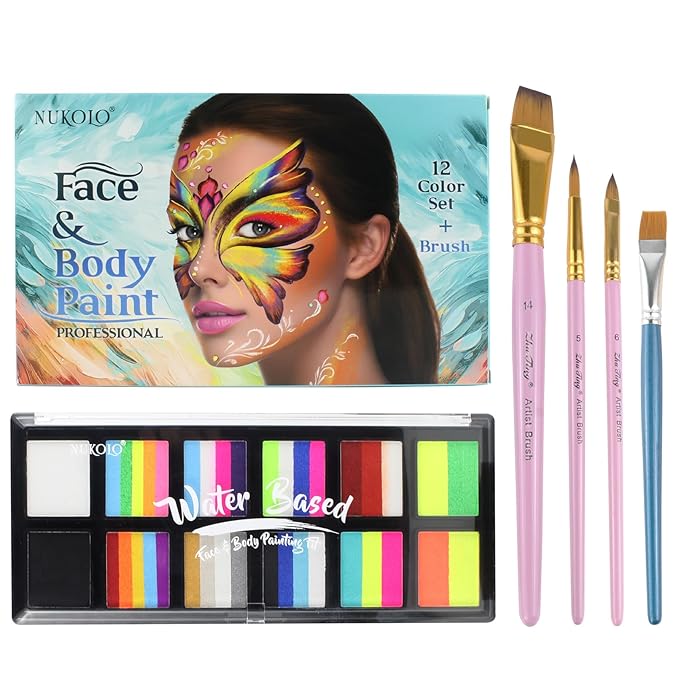 Water Activated Face Paint, Highly Pigmented Face Painting Kit, Quick-Drying Body Paint for Adults, Split Cake Face Paint with 4 Face Paint Brushes for Halloween, Easter, Parties