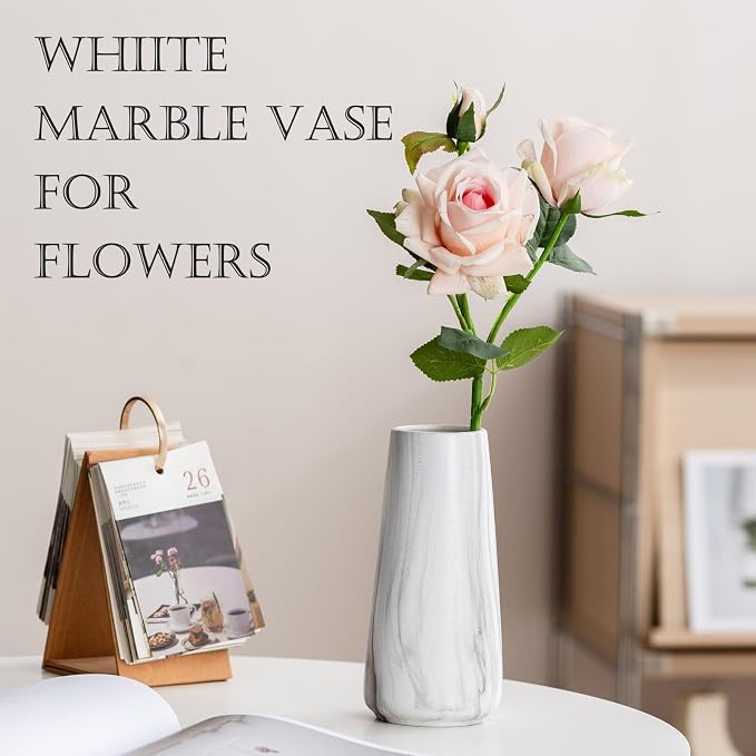 Simple Boho Ceramic Flower Vase for Home Decor (Marble White,Big) | 8'' Modern Farmhouse Vase for Flower Plant Pampas Grass, Fit for Table Shelf Centerpieces, Living Room Kitchen Wedding Gift